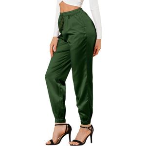 Allegra K Women's Satin Pants Drawstring Elastic Waist Straight Leg Ankle Length Dressy Joggers with Pocket X-Small Dark Green (Green, M)