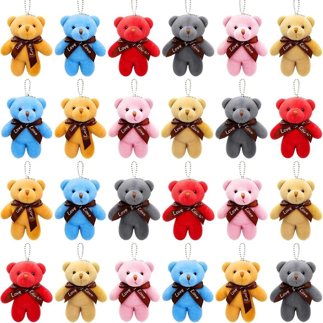 24 Packs Mini Teddy Bear Toy Plush Stuffed Bear Keychains for Kids Girls Boys, Small Stuffed Animal Bulk for Kids, Easter Basket Stuffers Carnival Prizes, School Gifts, Party Favor Goodie Bag