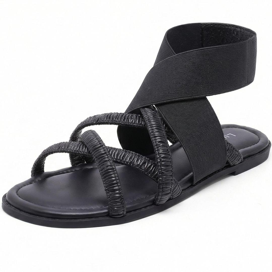 Luoika Women's Wide Width Flat Sandals, Elastic Band Ankle Strap Strappy Slide Sandals Slip on Dressy Summer Beach Shoes for Women. 250770 Black 9XW (Black)