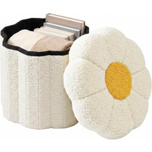 Flower Boucle Storage Ottoman, 12.6" Small Footstool with Padded Seat, Folding Sherpa Foot Rest for Sofa, Floral Accent Side Table for Living Room, Bedroom, Dorm, White