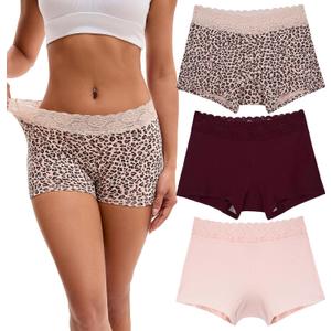 INNERSY Women's Lace Underwear Cotton Soft Boyshorts Panties Boxer Briefs 3-Pack (Medium, Leopard/Light Pink/Red)