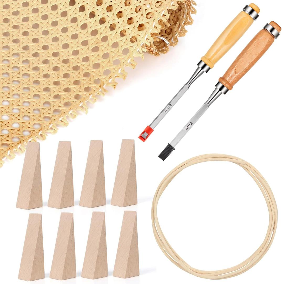 12 Pcs Rattan Repair Kit with Cane Webbing Roll, 3/16 Inch Rattan Webbing, 2 Caning Chisel, 8 Wooden Wedges, Furniture Caning Repair Supplies for Chair, Cabinet, Basket and Home Repair