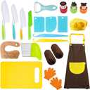 RISICULIS 21 Pieces Toddler Knife, Kids Knife Set Includes Wood Kids Safe Knifes, Plastic Toddler Knifes, Cutting Board, Apron, Chef Hat, Y Peeler, Crinkle Cutter, Cake Scraper