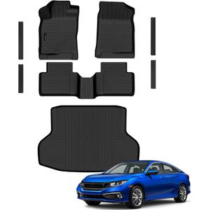 AUXKO Floor Mats Cargo Mat Door Sill for Honda Civic Sedan 2016-2021 | High Wall,All-Weather,All Season,Odorless,Anti Slip,Rain&Salt Resistant,TPE Material,Black,Accessories,Pet Friendly