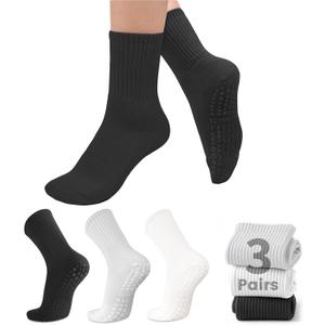 Purplepig 3 Pairs Grip Pilates Socks Non-Slip Yoga Socks for Women Pilates, Pure Barre, Barefoot Workout, Pregnancy, Hospital (5.5-9, 05 Black/White/Light Grey)