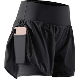 CADMUS 2 in 1 Women's Workout Shorts Athletic Gym Running Shorts for Women Phone Pockets, Black, Small