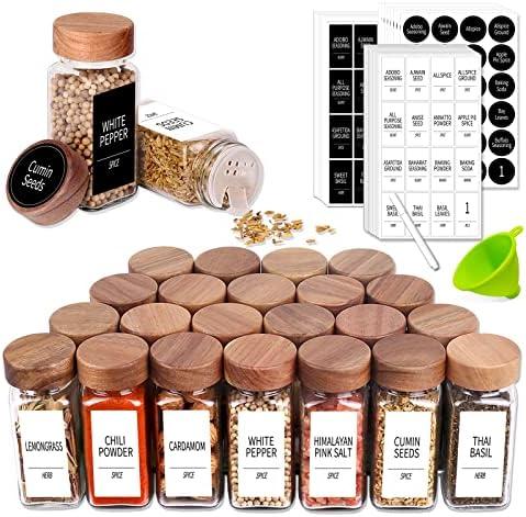 Churboro 23 Spice Jars with 547 Labels - Glass Spice Jars with Shaker Lids - 4 Oz Square Spice Containers with Acacia Wood Lids, Chalk Pen, Funnel- Seasoning Jars for Spice Rack, Cabinet, or Drawer