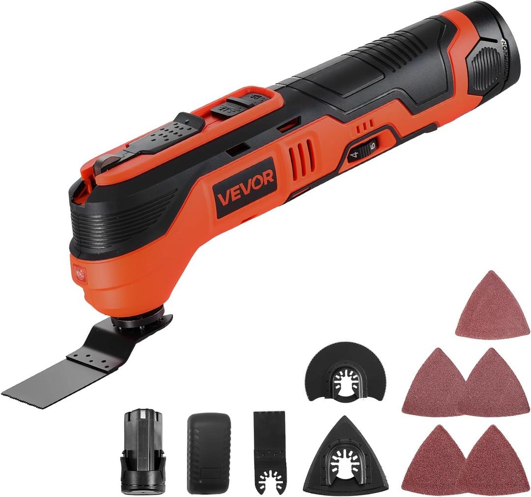 VEVOR Cordless Oscillating Tool, 12V Multitool Oscillating Saw Tool with 6 Variable Speeds 6000-17500 OPM, 3.2 Oscillation Angle, 2.0Ah Battery Pack & Charger, 8PCS Saw Accessories & LED Work Light