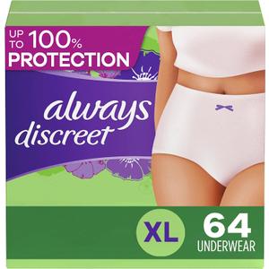 Always Discreet Adult Incontinence Underwear for Women and Postpartum Underwear, XL, Up to 100% Bladder Leak Protection, 64 Count (Packaging May Vary) (X-Large)