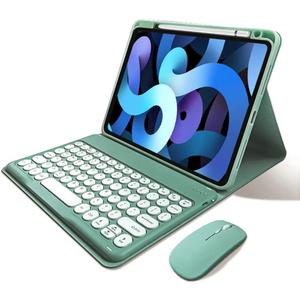 kaitesi Keyboard Case Mouse for iPad 11th Gen (A16, 2025) 11"/ iPad 10th Generation 2022 10.9" Case with Cute Round Keys Detachable Bluetooth Keyboard Cover,Dark Green