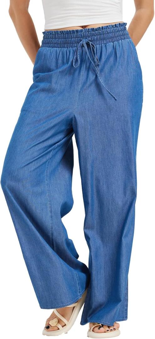 KYAL Womens Summer Palazzo Pants High Waist Wide Leg Lounge Trousers Lightweight Drawstring Elastic Waist Loose (X-Small, Kyal-20240051-denim)