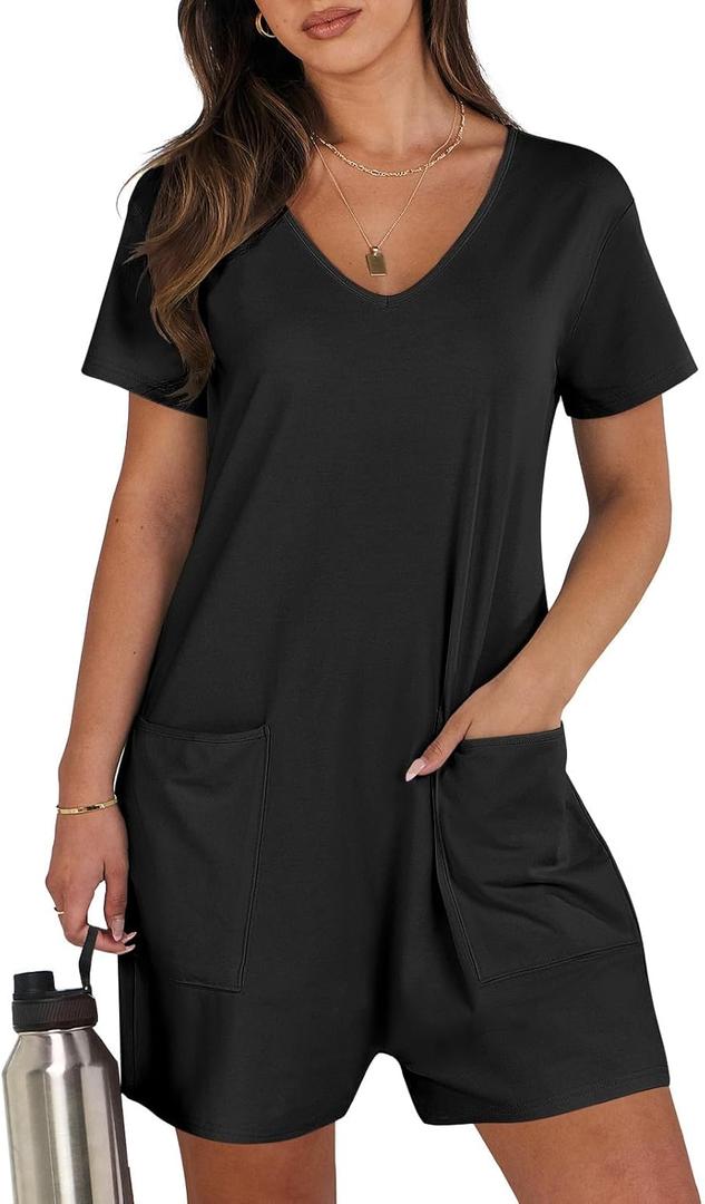 Women's Summer Casual Rompers Short Sleeve V Neck Loose Fit Jumpsuit 2025 Trendy One Piece Jumps With Pockets (Medium, Black)