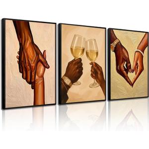 Black Couple Love Wall Art Black People Canvas Wall Decor African American Couple Art Pictures Afro Man Woman Poster Holding Hands Prints Painting for Bedroom Living Room 16x24 Inch Unframed Set of 3
