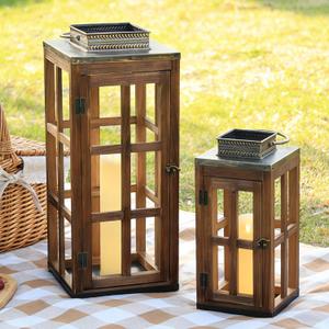 DECORKEY Large Farmhouse Wooden Metal Lantern Set of 2, 28''/20'' H Rustic Decorative Indoor & Outdoor Hanging Candle Lanterns, Wooden Outdoor Lanterns for Patio Front Porch Table, Dark Brown