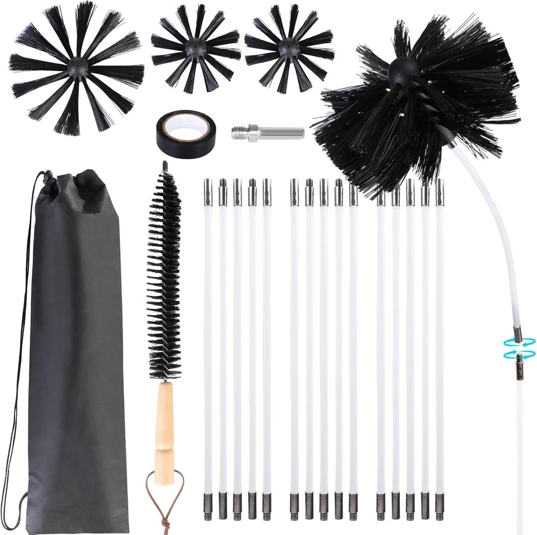 REDCAMP 20 Feet Chimney Sweep Kit, Dryer Vent Cleaner Kit with 15 Flexible Rods, 4/6 in Brush Heads for Easy Cleaning, Chimney Cleaning Kit for Efficient Fireplace Sewage Pipe Maintenance