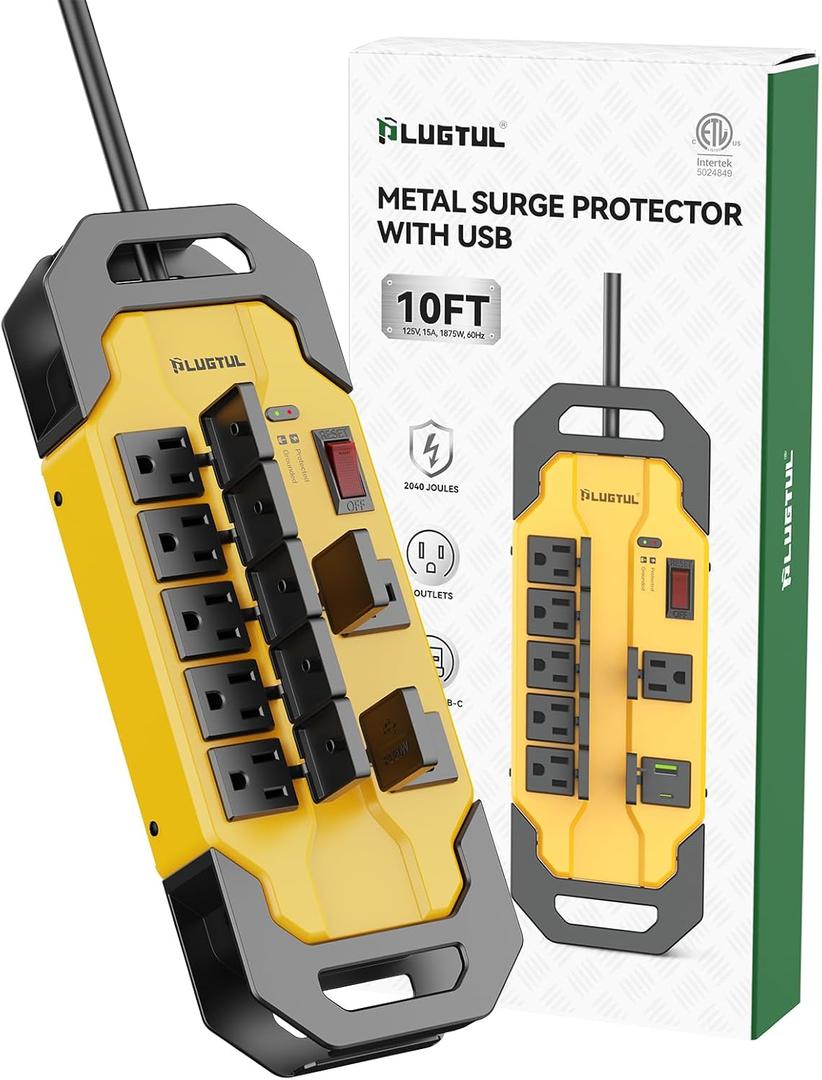 PLUGTUL Heavy Duty Surge Protector with USB Ports(PD 30W), 15A Metal Power Strip with Safety Cover, 10FT Extension Cord, 14/3 AWG, 2040Joules, Kitchen, Garage, Shop, Industrial Wall Mount, ETL Listed