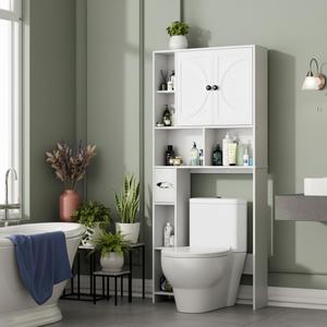 Over The Toilet Storage Cabinet with 2 Barn Door and Toilet Paper Holder Stand, Adjustable Shelf, Freestanding Organizer for Bathroom, or Laundry Room, White