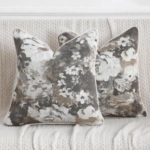 Vintage Floral Throw Pillow Covers 18x18 Set of 2 Neutral Boho Farmhouse Soft Chenille Jacquard Decorative Couch Pillow Covers for Sofa Couch Bed Living Room Home Décor Beige and Taupe