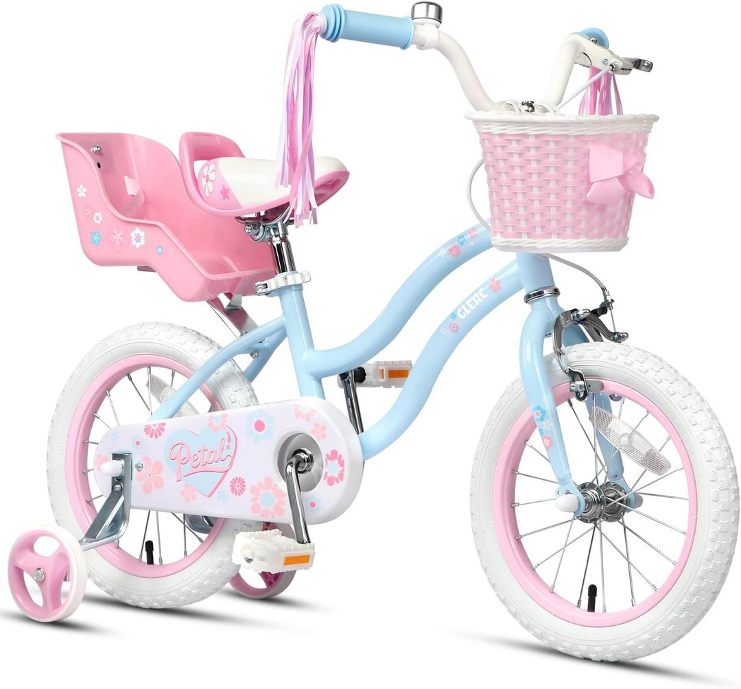 Glerc Petal Girls Bike, 16 Inch Kids Bike for Ages 2-9 Years Old Children, Princess Style Kids Bicycle with Training Wheels & Basket & Streamers, Multiple Colors, 16 Inch