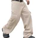 DFGIGT Mens Denim Baggy Pants with Cargo Pockets Mid Weight Casual Streetwear Wide Leg Jeans Hip Hop Skater Trousers Street Wear Jinco Y2k 2000s Straight Relaxed Loose Solid Beige,Beige,Small (S)