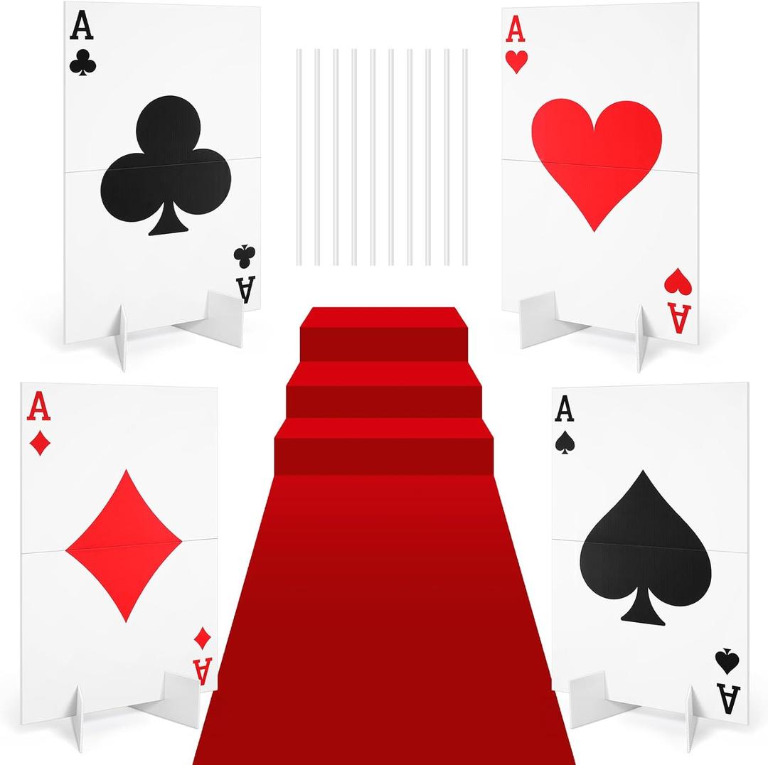 Casino Theme Party Decoration Giant Poker Yard Sign with Stakes Large Lawn Sign for Party to Enter Car Heart Entrance Door Birthday Decor Supplies(8 Sets,4 A) (Red,White,Black)