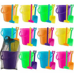 Mini 4.5-Inch Beach Buckets for Kids - (12 Pack) Sand Buckets and Shovels w/Rakes & Mesh Bags - Small Beach Pails - Sturdy Unbreakable Plastic - Beach Party Favors & Giveaways for Toddlers Ages 3-6
