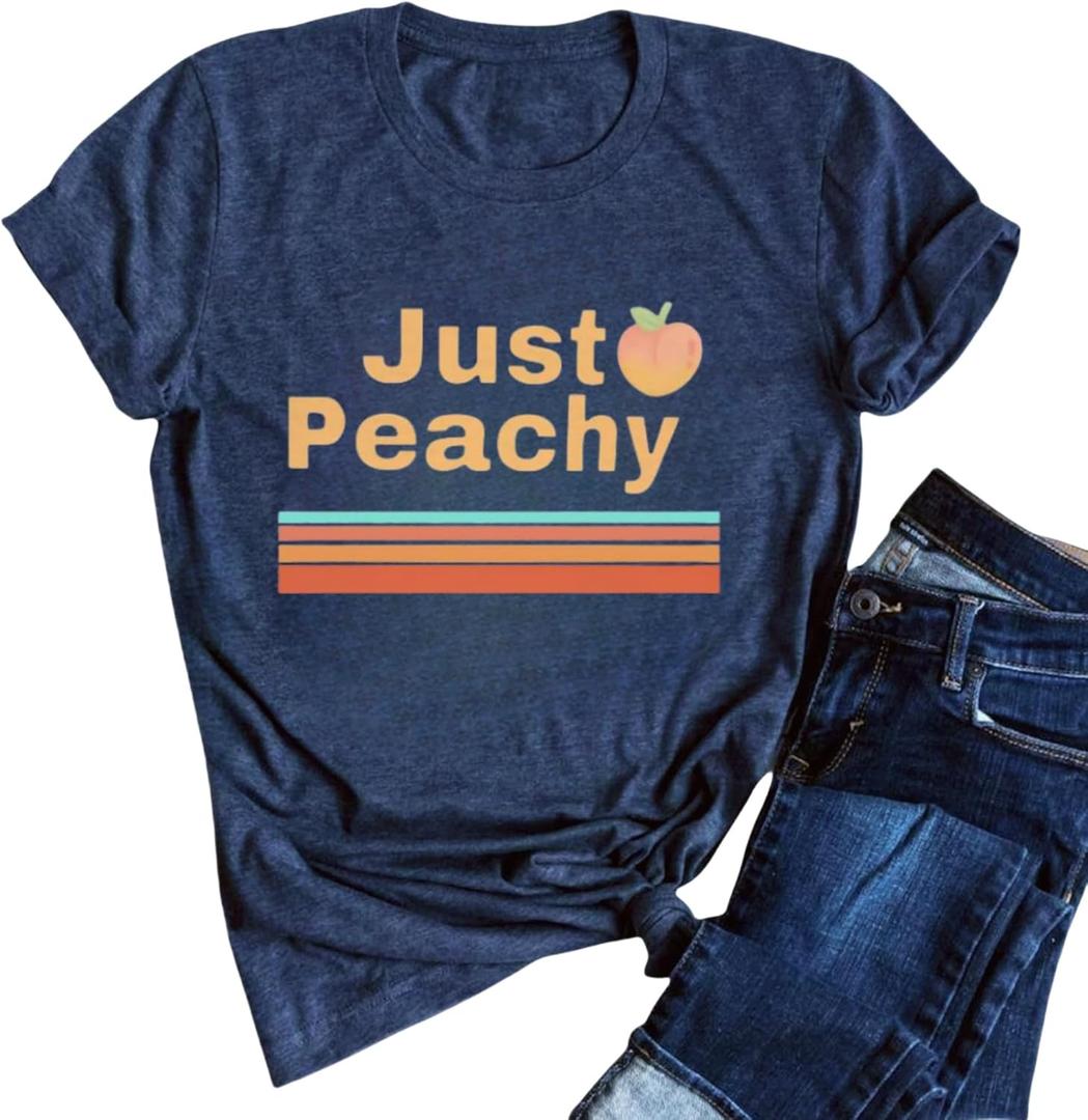 Strawberry Shirt Peach T-Shirt Vintage Boho Kawaii Fruit Graphic Tees Shirt Gift for Women Garden Clothing(M,Navy-peachy1)