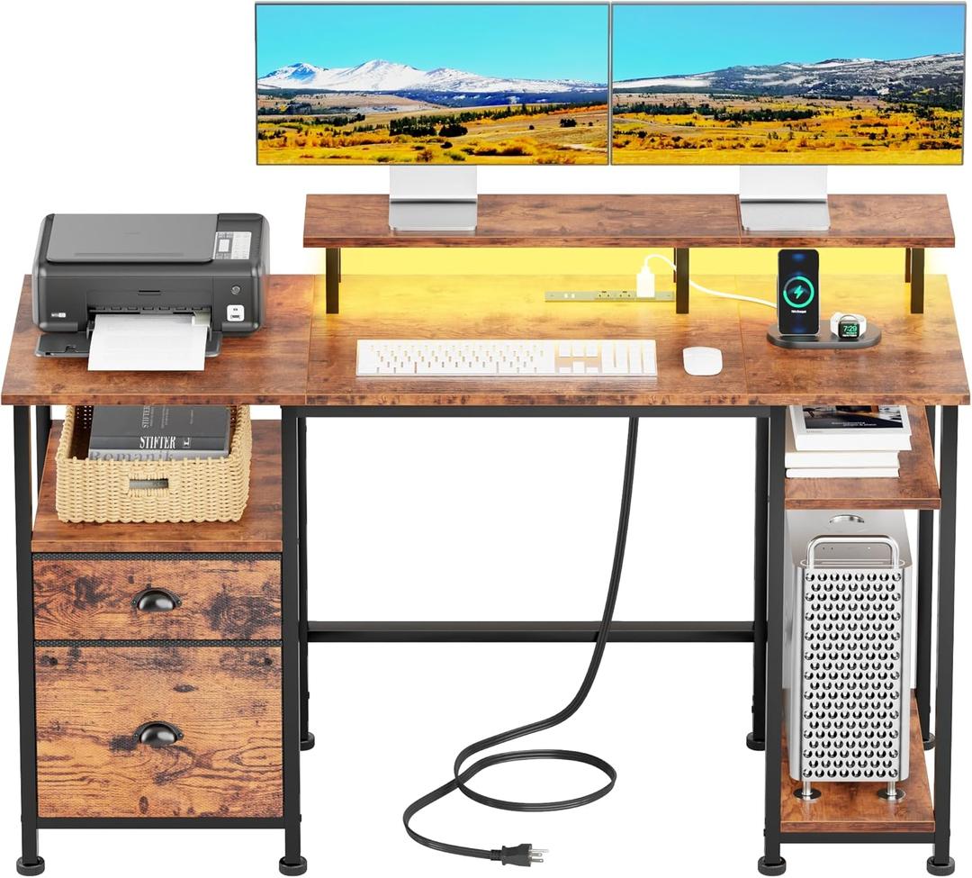 Furologee 51" Computer Desk with Power Outlet and LED Lights, Reversible Home Office Desk with File Cabinet & Monitor Stand, Large Gaming Table with Storage Shelves & Drawer, Rustic Brown