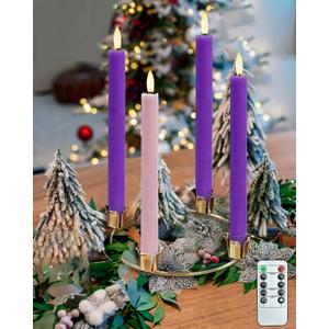 SHYMERY Flameless Advent Candles,Real Wax Battery Operated Electric LED Taper Candles with Remote Timer, Set of 4 Purple & Pink Flickering for Wreath Thanksgiving Christmas Outdoor Centerpieces
