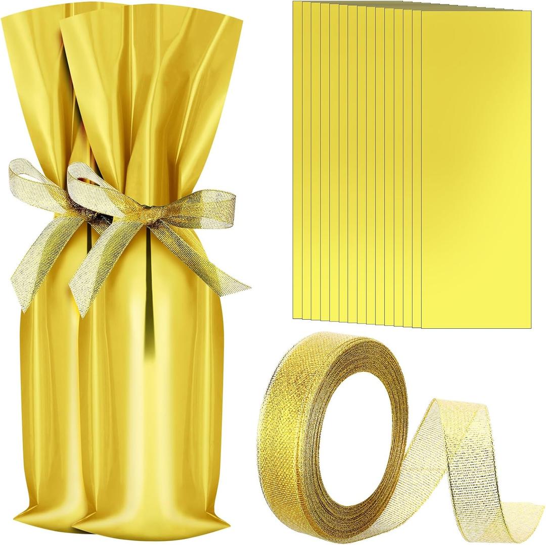 Yeaqee 50 Pcs Christmas Bottle Gift Bags with Gold Bow Ribbons Metallic Bags Gift Wrap for Holiday Party Favor, 18 x 6 Inch(Gold)