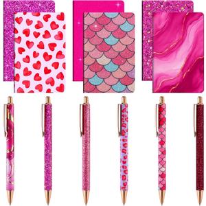 12 Set Cute Mini Notebook and Fancy Pen Gift Set for Women 6 Mini Glitter Pocket Notepad 6 Cute Sparkly Glitter Pen for Girl Office First Day of School Mother's Day Christmas Graduation(Rose Red)