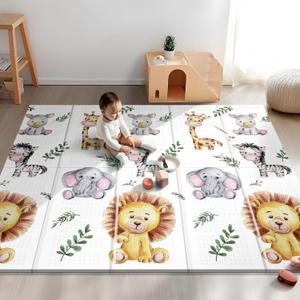 79x71 Extra Large Baby Play Mat for Floor, Foldable Foam Playmat for Babies 0-12 Months & Kids, Non-Toxic Waterproof Baby Mat for Floor, Thick Playpen Mat for Tummy Time Crawling, Lion