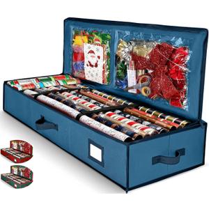 Premium Wrapping Paper Organizer Storage | Gift Wrap Holder with Extra Pockets for Christmas Decorations, Reinforced Handles, Heavy Duty, Ultra-Durable, Tear-Proof Fabric - Fits Up to 27 Rolls (Blue)