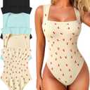 OQQ Women's 3 Piece Bodysuits Sexy Ribbed Strappy Square Neck Sleeveless Tummy Control Tank Tops Bodysuits (Medium, Black,sea Salt Blue,cherry Beige)