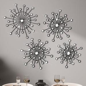 Blulu 4 Pcs Metal Wall Decor Bling Crystal Wall Art Cast Iron Rhinestones Sunburst Decor Starburst Art Hanging Diamond Accents Home Decorative for Living Room Bedroom Entryway(Black)