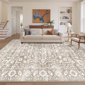 Soalmost Living Room 10x14 Area Rugs, Washable Low Pile Non-Slip Stain Resistant Extra Large Thin Rug, Vintage Soft Throw Carpet for Dining Room Bedroom Farmhouse Home Office Decor Light Brown