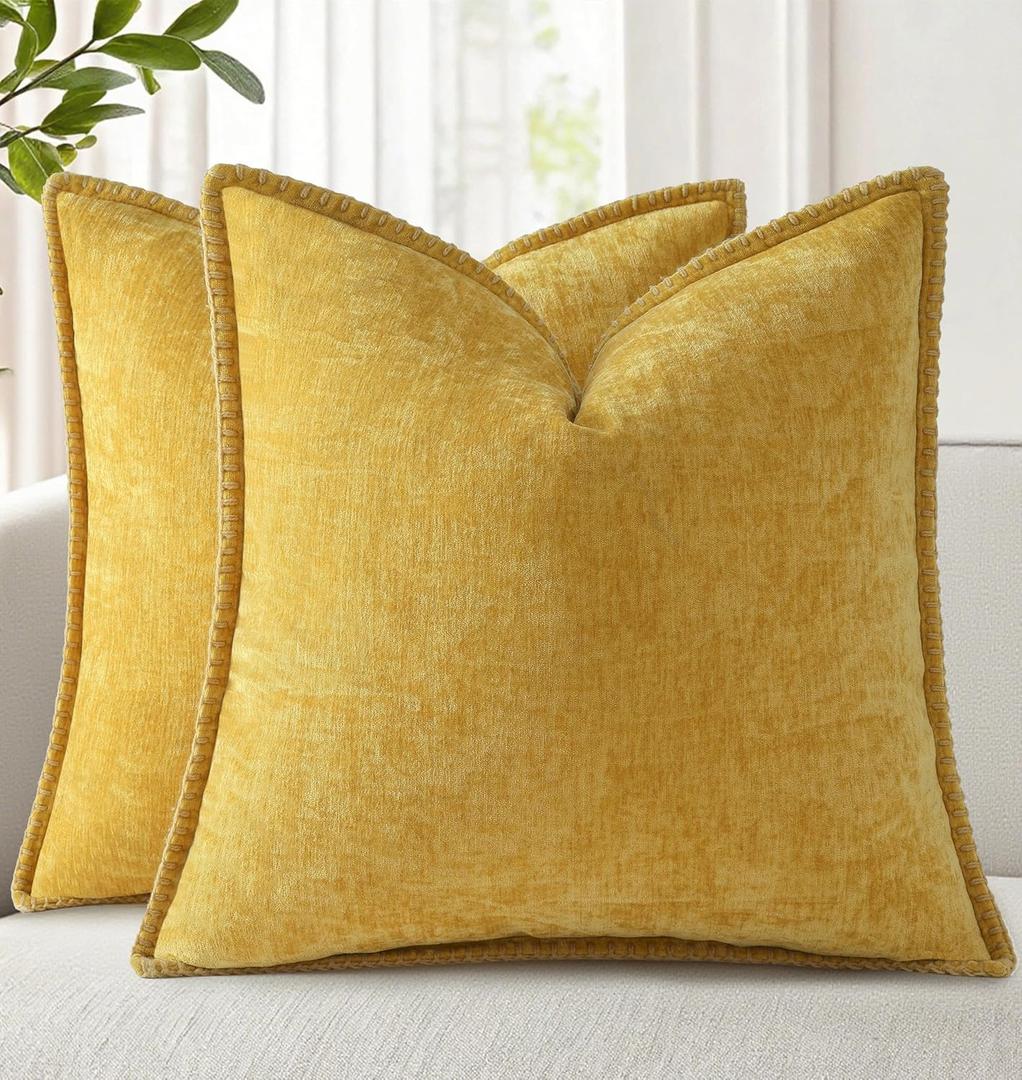 decorUhome Summer Chenille Soft Cozy Throw Pillow Covers 18x18 Set of 2, Modern Farmhouse Boho Velvet Decorative Pillow Cases with Stitched Edge for Couch Sofa Bed Home Decor, Mineral Yellow