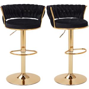 VECELO Bar Stools Set of 2, Adjustable Barstools Counter Height Stools with Back and Arm, Velvet Woven Kitchen Island Stools w/Gold Metal Leg & Base, 360 Swivel Bar Chair for Pubs Dining Room, Black