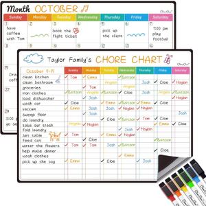 Magnetic Dry Erase Chore Chart, Monthly Calendar Set - 14.5"x11" Monthly Calendar, Chore Board for Fridge - 6 Extra Fine Point Markers Included - Shipped Flat