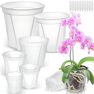 Clear Nursery Pots with Drainage, 10 Pack Transparent Plastic Orchid Planters, 6 Sizes Plant Pots 9.5/8.5/7/6/4.7/4 Inch with 10 Plant Labels for Seedlings, Succulents, Indoor/Outdoor Repotting, MIX-6 Sizes