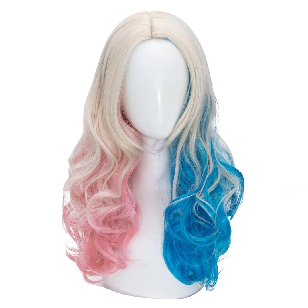 Pink and Blue Long Curly Wigs for Women No-bangs Clip on Ponytails Cosplay Wig,Halloween Party Show Daily use Wig