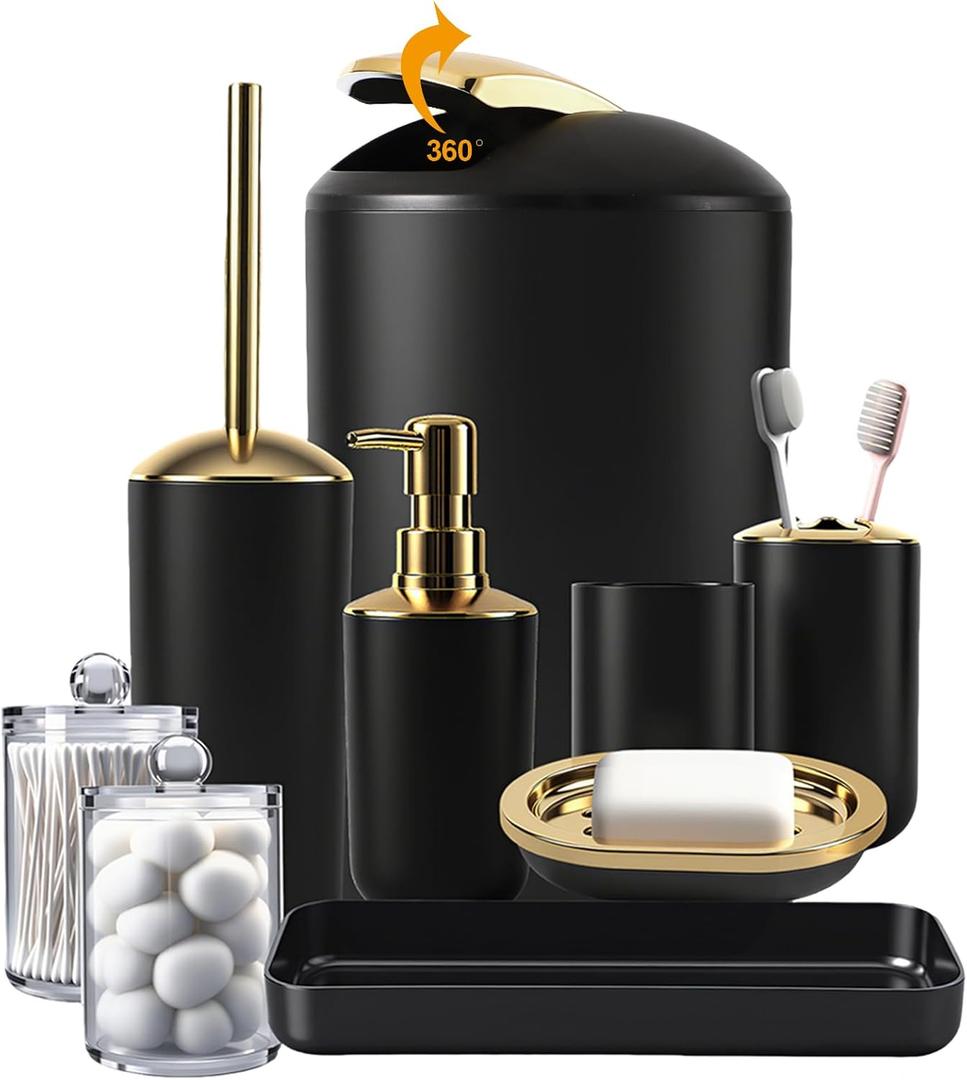 9 Pieces Black Bathroom Accessories Set, Gorgeous Gold Bathroom Set, Can, Toilet Brush, Soap Dispenser and Toothbrush Holder, Soap Dish, Tumbler, Qtip Holder, Tray, Sink Countertop Set Decor