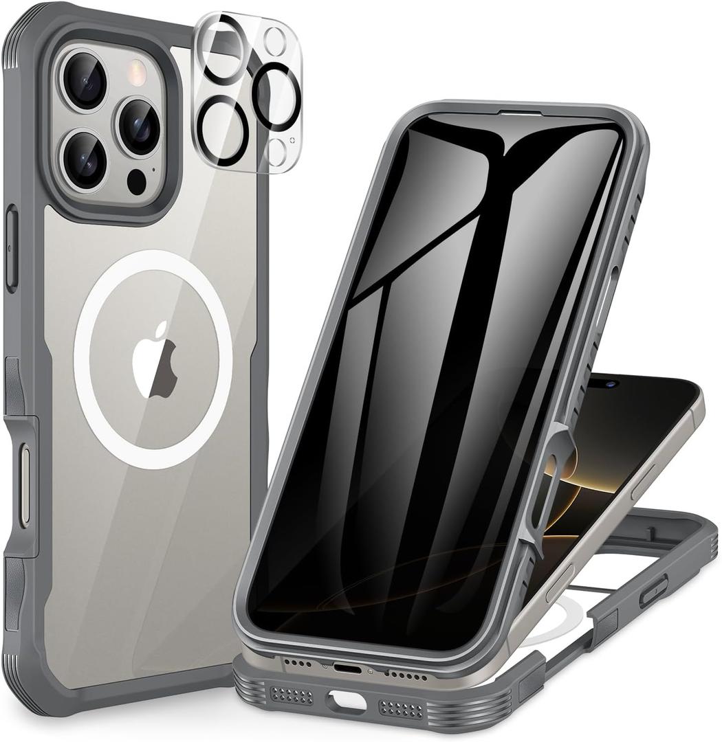 CENHUFO Magnetic Privacy for iPhone 16 Pro Max Case [Compatible with Magsafe] Full Body Phone Case Built-in 9H Tempered Glass Privacy Screen Protector Camera Lens Protector, Shockproof Cover - Gray (Grey)