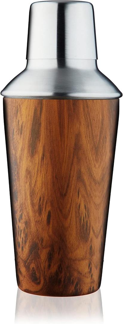 True Stainless Steel Drink Shaker with Built-in Strainer and Jigger Cap, Drink Mixers Bartender Tools, Home Bar Accessories, 20 oz, Set of 1, Wood Pattern