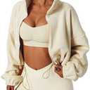 QINSEN Women's Full Zip Fleece Short Jacket Warm Winter Long Sleeve Stand Collar Sherpa Crop Coat M