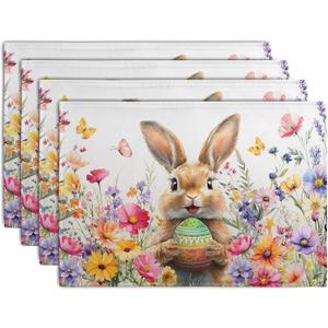 Easter Rabbit Placemats Set of 4 Spring Bunny Colorful Egg Wildflower Place Mat 12x18 Inch Seasonal Farmhouse Linen Fabric Table Mats for Kitchen Dining Outdoor Indoor Easter Party