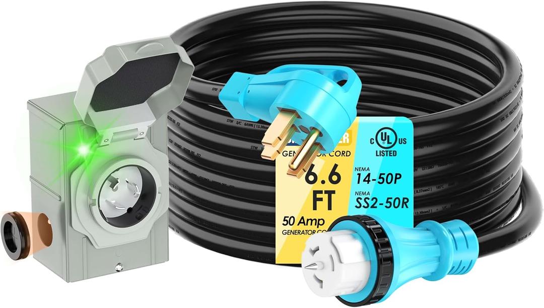 50 Amp 6.6 Feet Generator Cord and Power Inlet Box Combo Kit NEMA 14-50P Male to SS2-50R STW 6/3+8/1 AWG 125/250V Twist Locking with Inlet Box for Generator to House, UL Listed