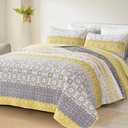 WONGS BEDDING Boho Quilt Set King, Yellow Bohemian Striped Patchwork Bedspread Coverlet Set with 2 Pillowcases,Lightweight Microfiber Floral Bedding Set 104"90"
