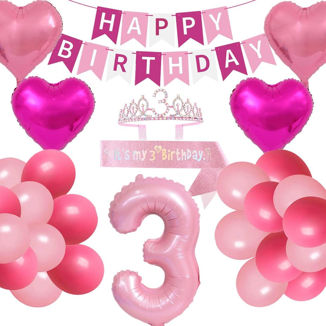 3rd Birthday Decorations for Girls Pink 3 Year Old Happy Birthday Banner Party Sash Crown Tiara Banner Heart Balloons Latex Balloons for Girls Three Years Old Party (Pink)