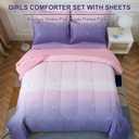 Dinjoy Girls Comforter Set Full Size Colorful Ombre Pink Purple Rainbow Bedding Set Bed in A Bag for Kid Teen Girls 7 Pieces (1 Comforter, 1 Flat Sheet, 1 Fitted Sheet, 2 Pillow Shams, 2 Pillowcases)